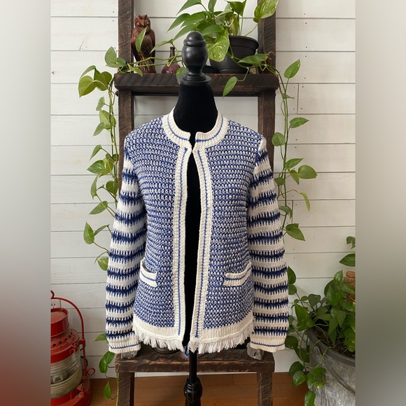 Talbots: Blue and White Mix Textured Jacket Sweater with Fringe Trim - Picture 17 of 17